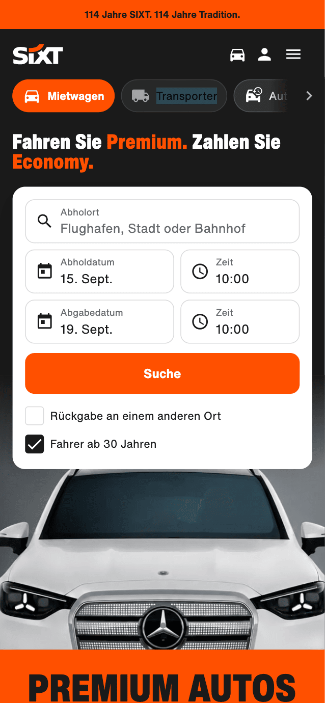 Screenshot of the sixt.de mobile homepage with the booking search module