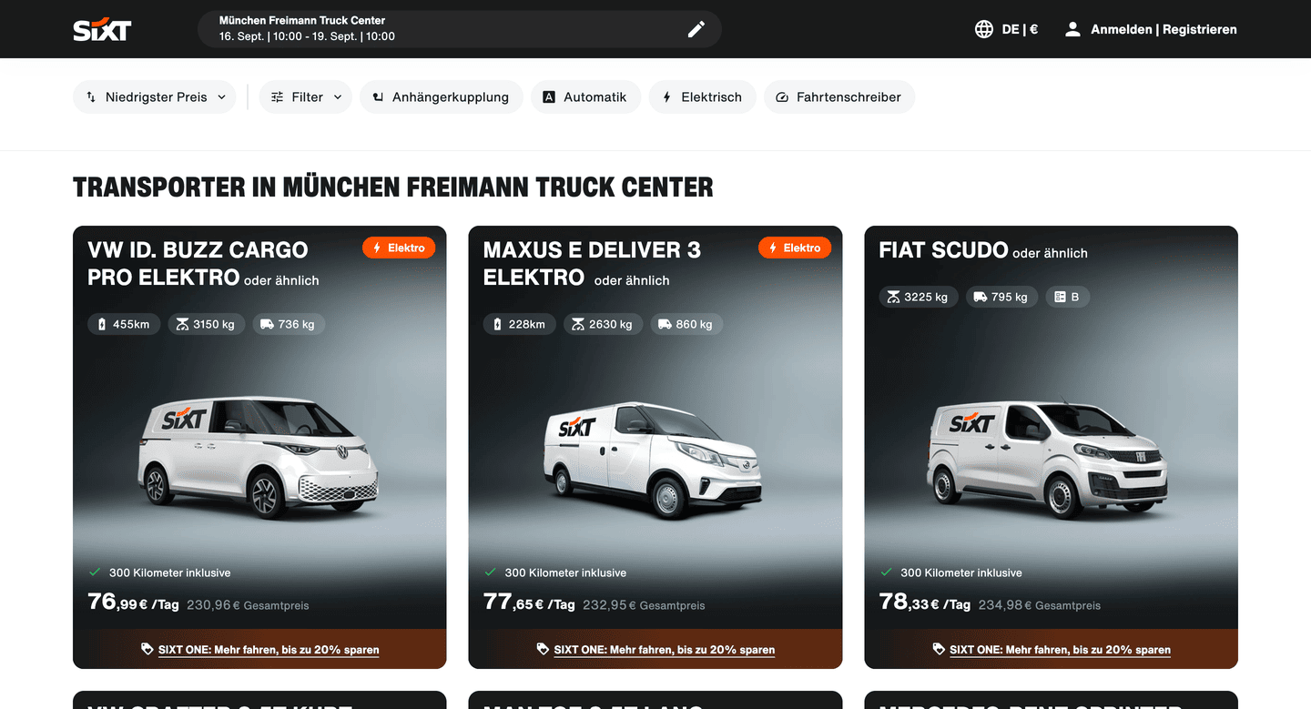 Screenshot of the Transporter results listing with van and truck offers