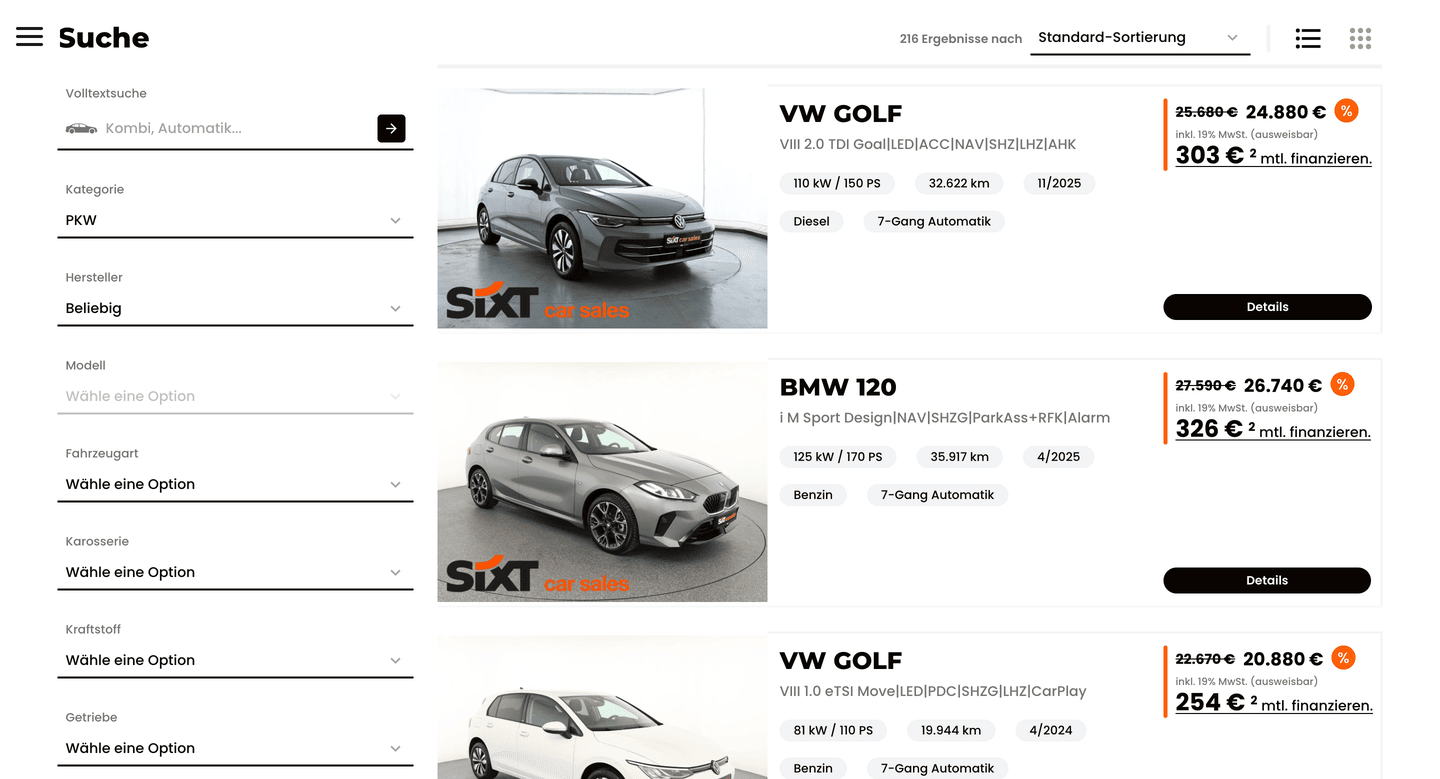 Screenshot of the sixtcarsales.de search results listing with filter sidebar and priced vehicle cards