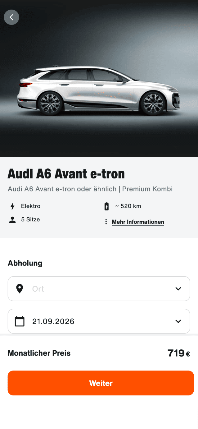 Screenshot of the SIXT+ mobile checkout flow for a car subscription